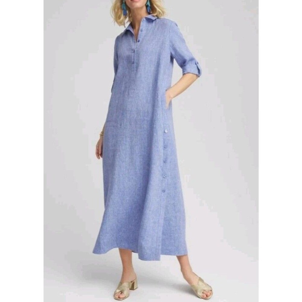 Chicos Maxi Linen Shirt Dress Size 6 Blue Roll Tab Sleeve Lightweight Pockets - Picture 2 of 10